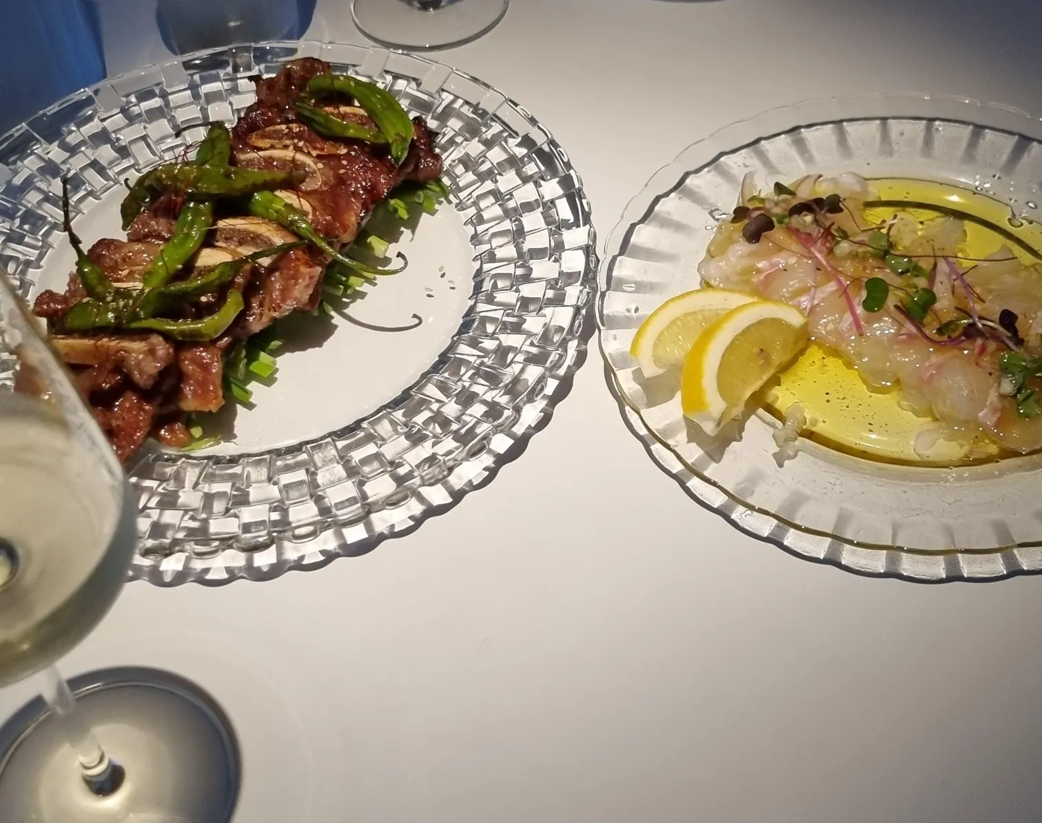 LA galbi and flatfish ceviche ordered during the Cha Kyung visit.